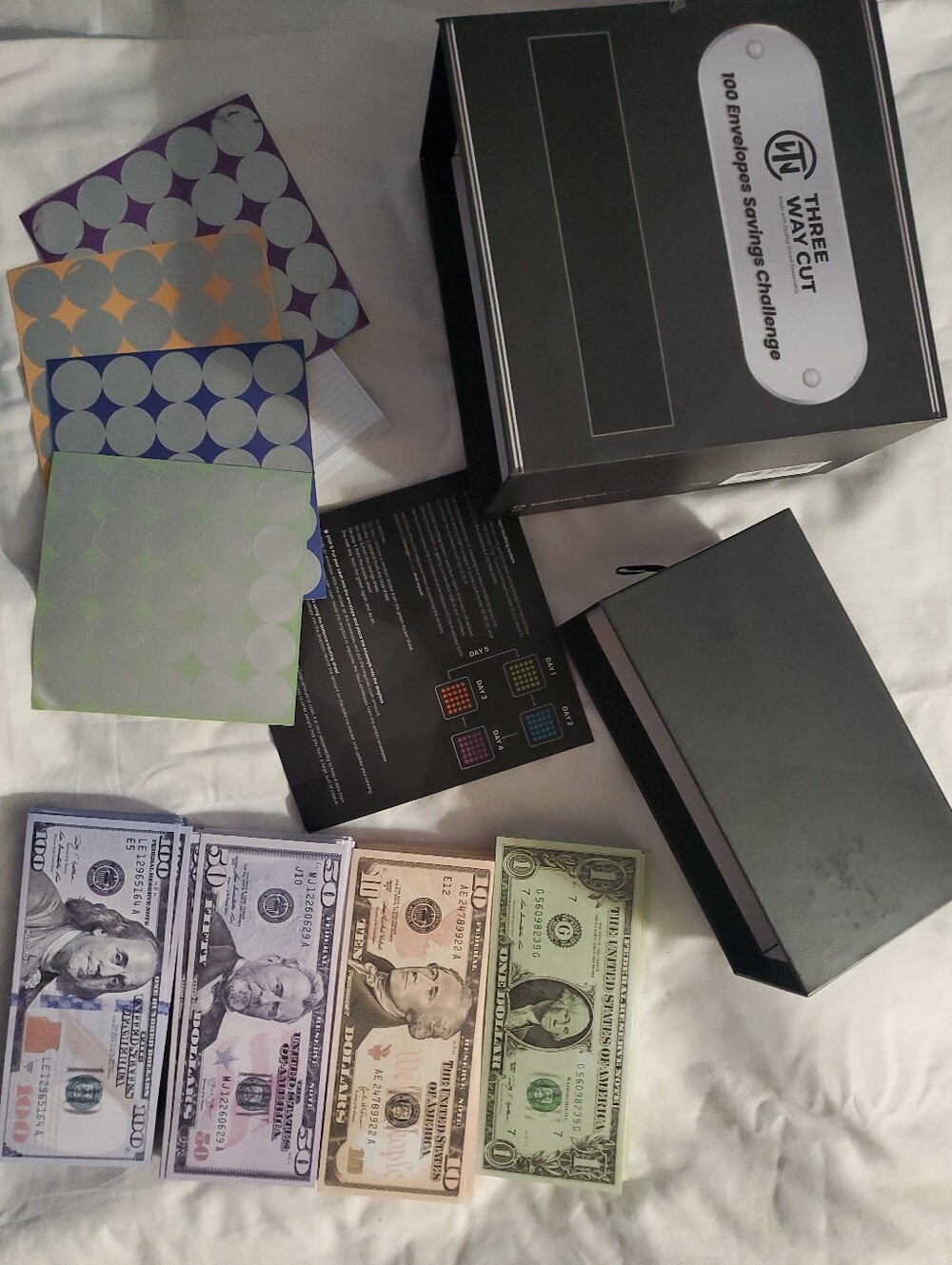 Three Way Cut 100 Envelope Savings Challenge Box Budget System w Stickers Cards